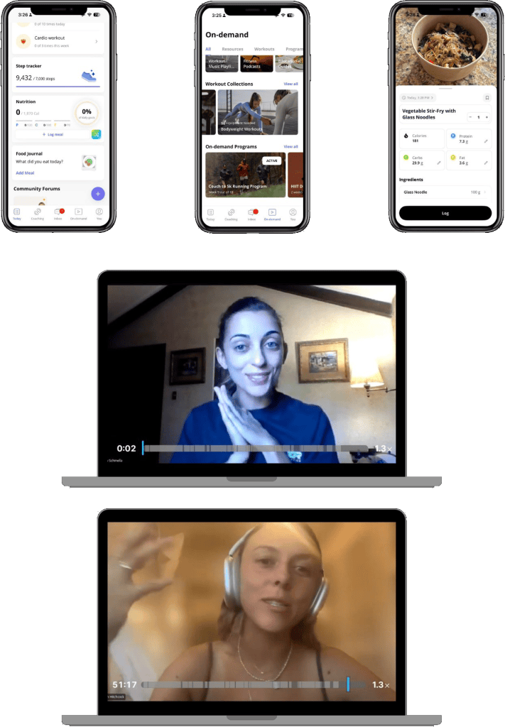 Mockup showing the Digital Nomad Fitness app and video coaching call on phone and laptop screens